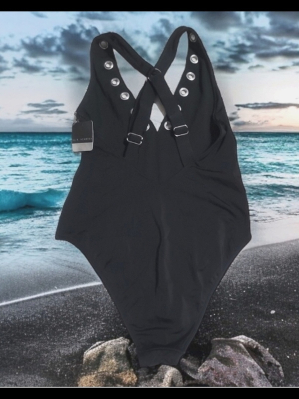 LA HEARTS - Large Black One-Piece Swimsuit with Silver Eyelet Trim - Picture 5 of 8
